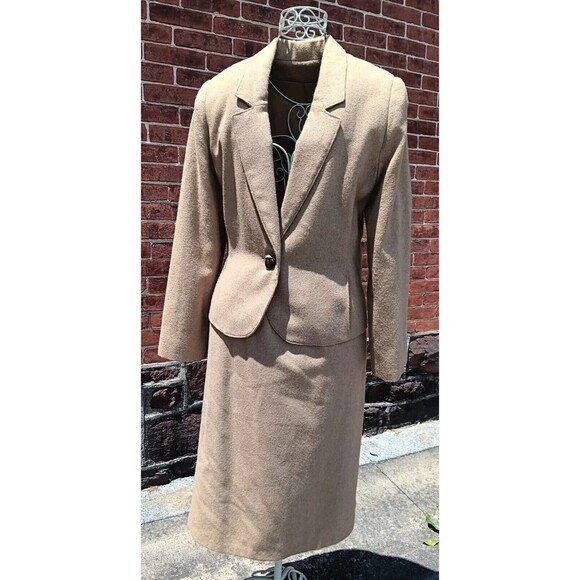 College Town Vintage 70s/ 80s Women's Wool Blend Tweed Skirt Suit Beige sz 4/5 - Picture 1 of 13